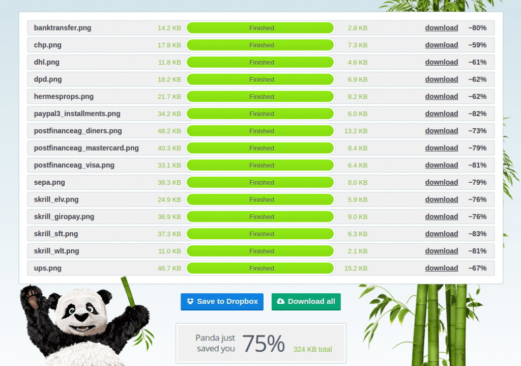TinyPNG in Aktion - Hier komprimiert TinyPNG die via Drag & Drop eingefügten Shopping-Icons mit einer im Kompremierungsrate von 75%